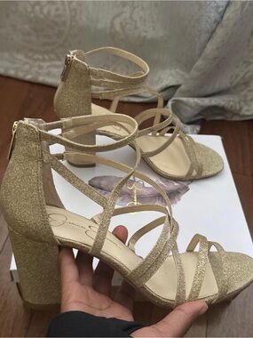 Jessica Simpson Champagne Glitter Block Heels | Wedding Prom | Size 9.5 (WITH BO